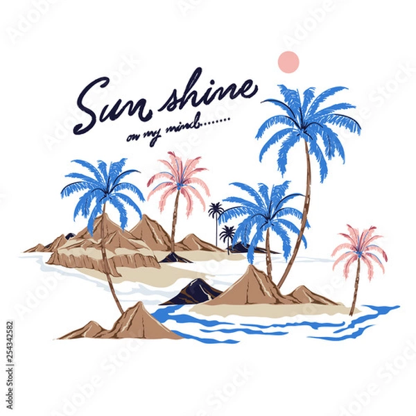Fototapeta Beautiful vector of summer island relax vibes ,palm, tree, ocean,wave,mountain,beach design for Tshirt,fashion,cover,web and all graphic use
