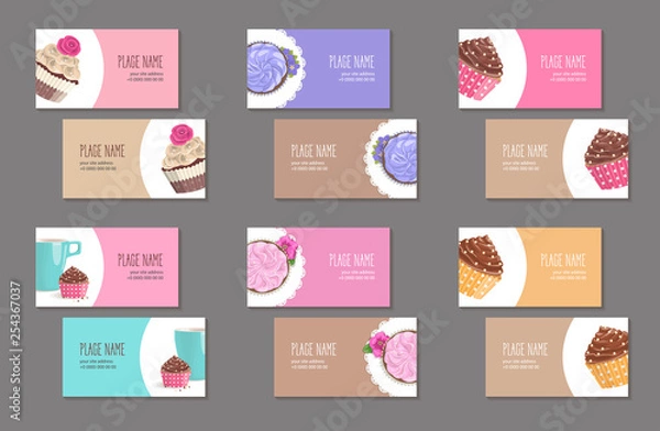 Fototapeta Set corporate style elements with dessert. Template cover business card for restaurant, cafe or pastry shop. Cup, cake and napkin with flower in packing paper on white circle
