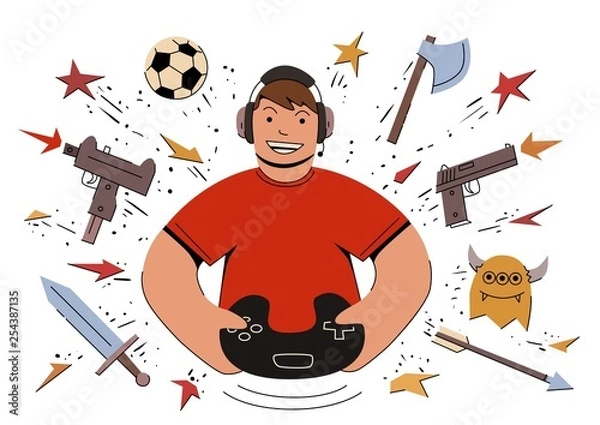 Fototapeta Gamer playing a video game on the console. Keeps gamepad. Vector cartoon illustration.