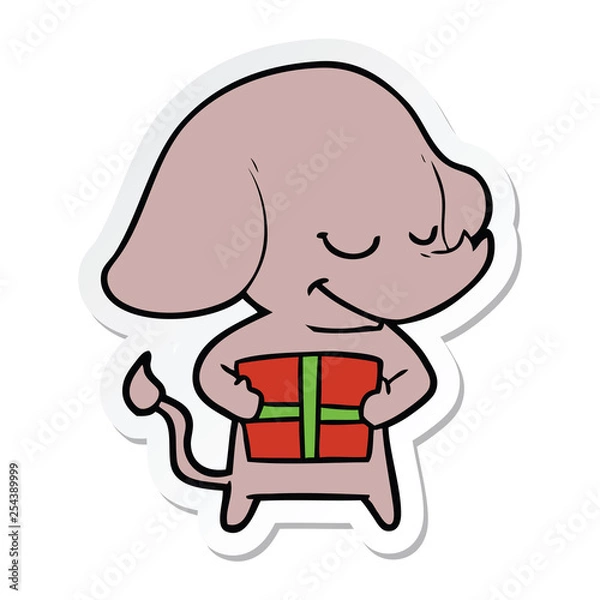 Obraz sticker of a cartoon smiling elephant with present