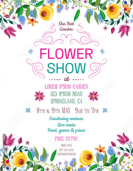 Fototapeta Flower show announcing poster template. Garden party layout with fancy flowers in folk painting style.