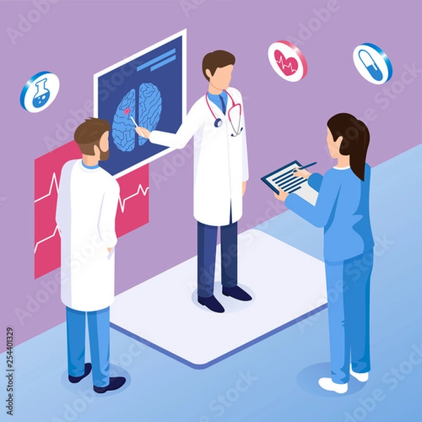 Obraz Medical staff meeting concept. Doctor in a white coat point on a image of the brain. Nurse takes a notes. And other doctor listen  carefully. Isometric 3d vector illustration. 