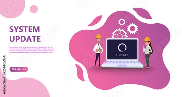 Fototapeta Maintenance update system upgrate concept. Characters design   people update operation system, use for landing page, template,   flyer, mobile app, web, banner, poster. Computer upgrade maintenance