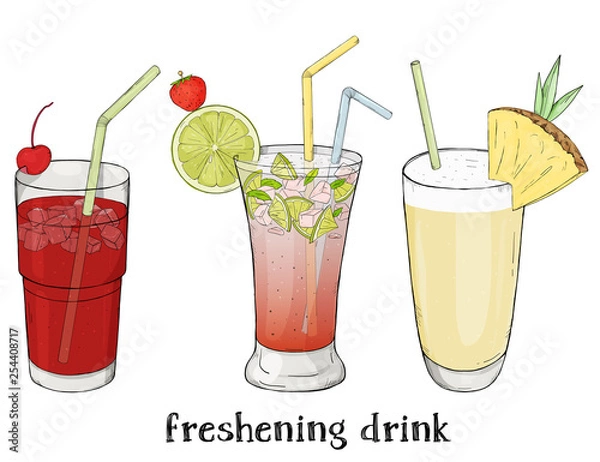 Fototapeta Set of three refreshing summer drinks. Cherry, Mojito and milkshake.