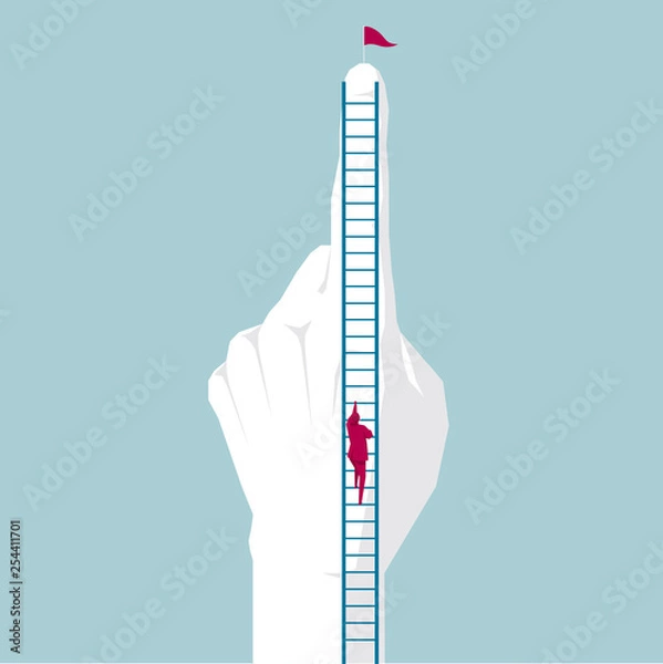 Obraz Businessman climbs on the finger. Isolated on blue background.