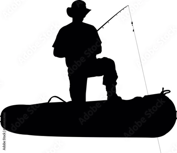 Obraz fisherman on a boat, holding a fishing rod in his hands.fishing on the lake.vector image