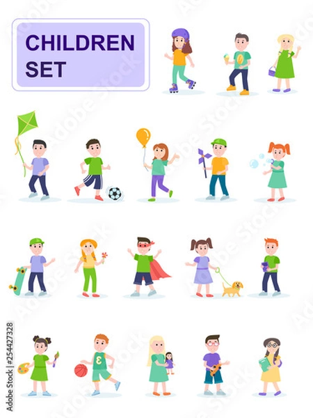 Fototapeta Set of children in different poses and different activities. Kids playing ball, rollerblading, painting. Cartoon characters isolated on white background. Flat vector illustration.