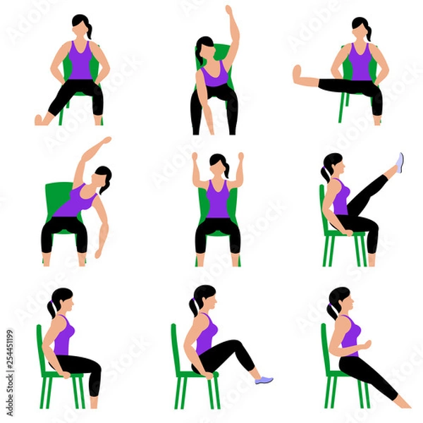 Obraz Set of young girls doing exercises in the gym. Beautiful woman doing exercises with chair. Full color flat vector illustration. 