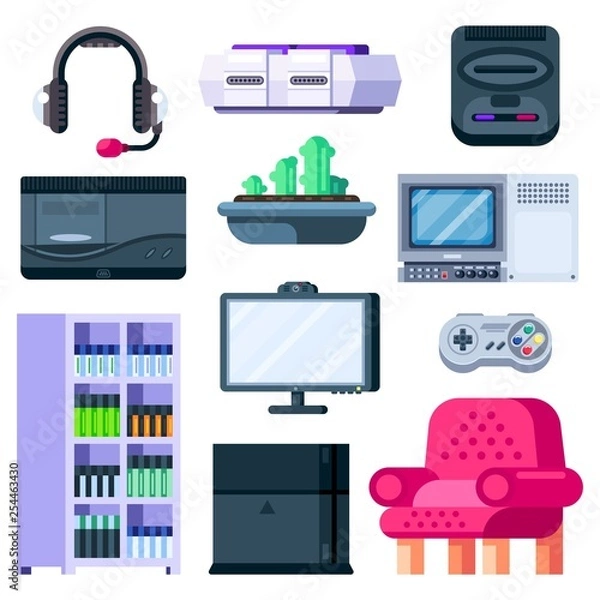 Obraz Game room set up. Gamer workplace with set of objects. Vector illustration.