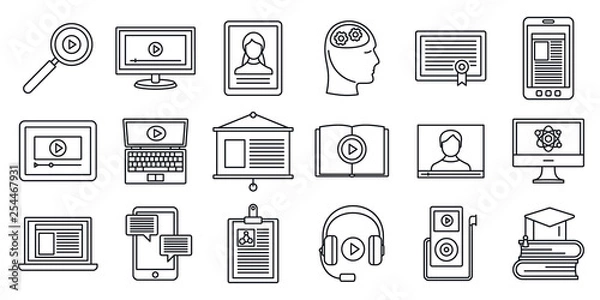 Fototapeta Online interactive learning icons set. Outline set of online interactive learning vector icons for web design isolated on white background