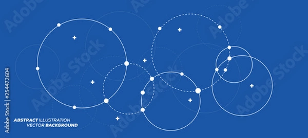 Fototapeta Abstract vector illustration with overlapping circles, dots and dashed circles. Science and connection concept. Wide molecule structure background.