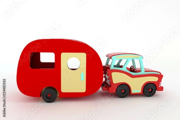 Fototapeta 3d rendering  vintage  car with a caravan wooden toys for children models of two woods on a white background isolated