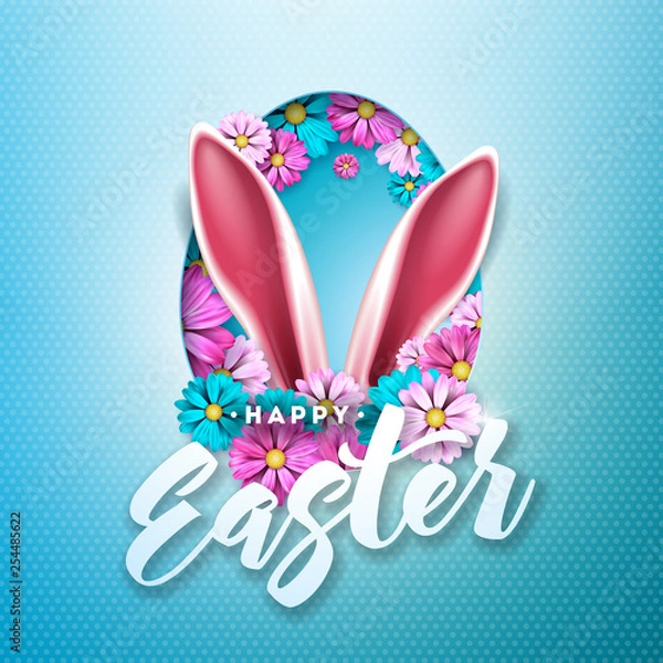 Fototapeta Happy Easter Holiday Design with Spring Flower in Egg Silhouette on Light Blue Background. Vector Illustration of International Celebration Design with Typography Letter for Greeting Card, Party