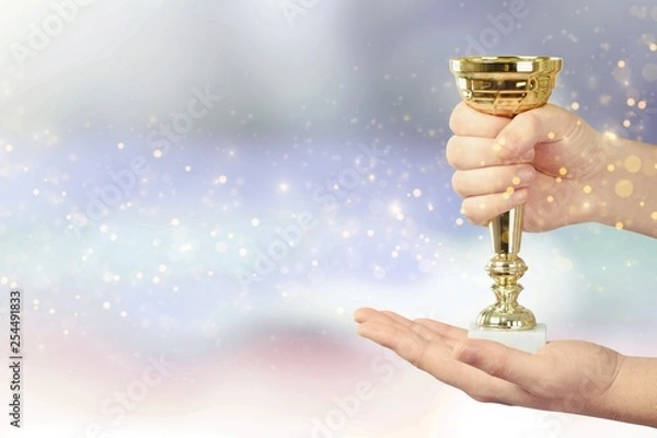 Obraz Hand of kid holding champion cup on glossy background