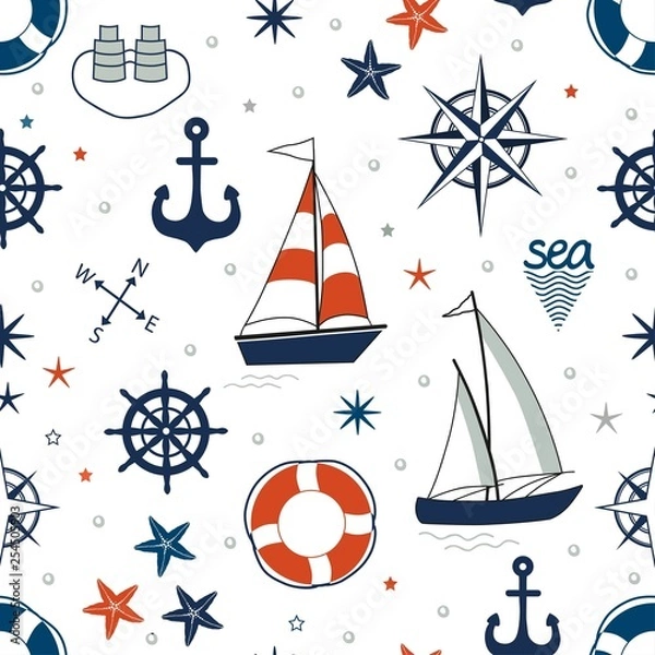 Fototapeta Marine seamless pattern with nautical elements