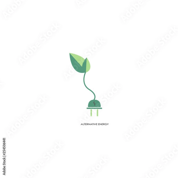 Fototapeta green leaf with  socket electrical plug alternative energy eco concept save nature  power consumption white background flat  vector illustration
