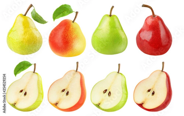 Fototapeta Isolated pears collection. Fresh pears of different colors, whole fruits and halves isolated on white background with clipping path