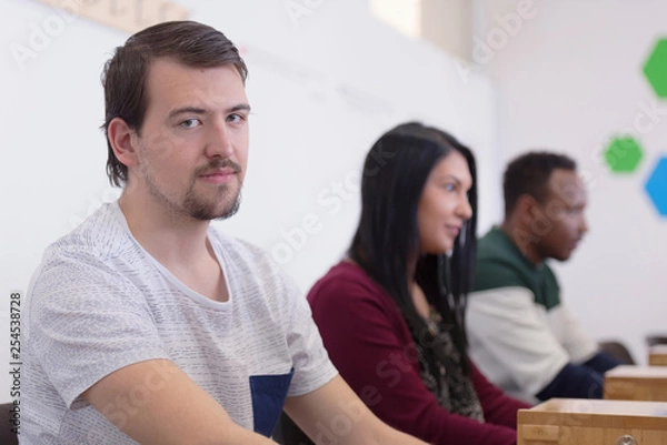 Fototapeta Group of students study  in modern school computer lab classroom