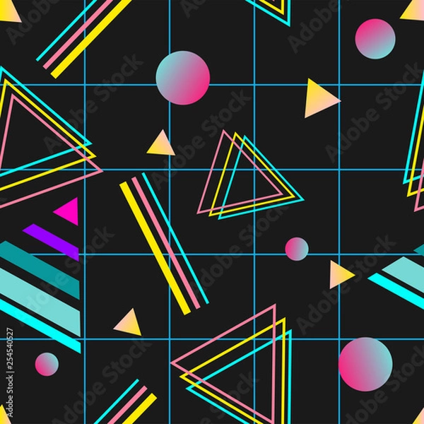 Fototapeta Vaporwave seamless 80's style pattern with geometric shapes.