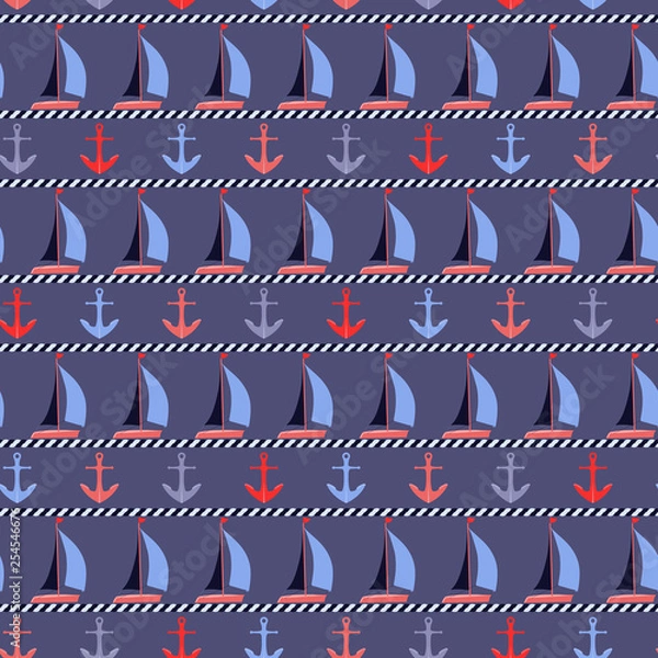 Fototapeta Vector seamless nautical pattern with boats and anchors in navy blue, coral, red, and blue colors. Striped maritime design is decorated with a drawn rope. Perfect for packaging, fabric, fashion, decor
