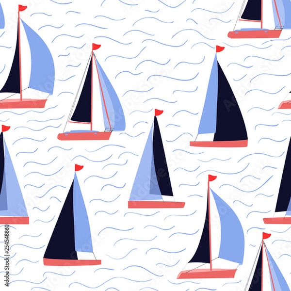 Fototapeta Vector seamless nautical pattern with sail boats in white, navy blue, coral, and blue for coastal style home decoration, packaging, fabric. Striped maritime design is decorated with hand-drawn waves.