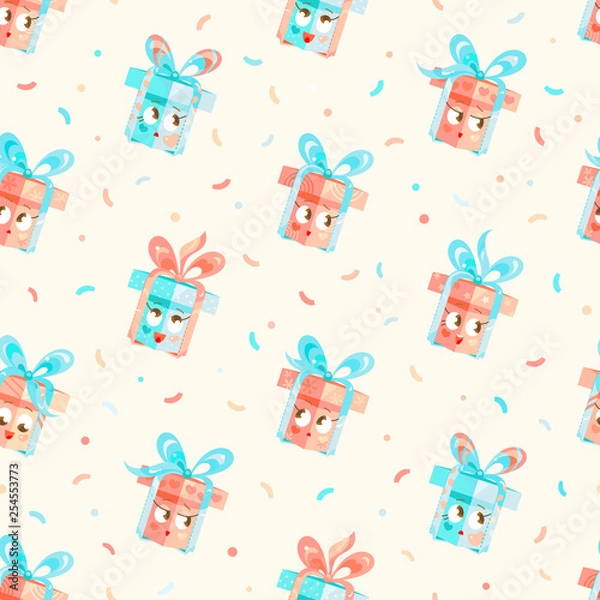 Obraz Seamless Pattern Gifts Boxes Wrapped in Paper with Ribbon Bow.  Present Vector Wallpaper