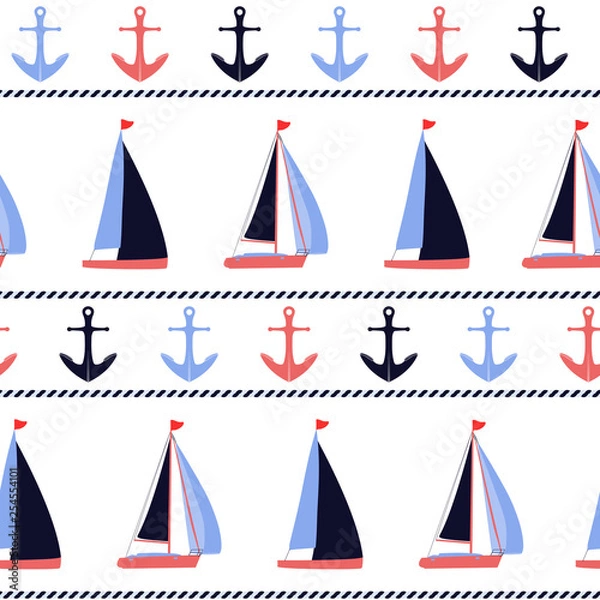 Fototapeta Anchors and sailboats nautical vector seamless pattern background. Marine design in blue, coral, white, and navy blue colors for coastal style projects, fabric, packaging.