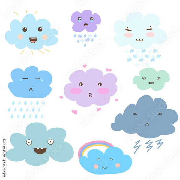 Fototapeta Cute doodle clouds weather icons.