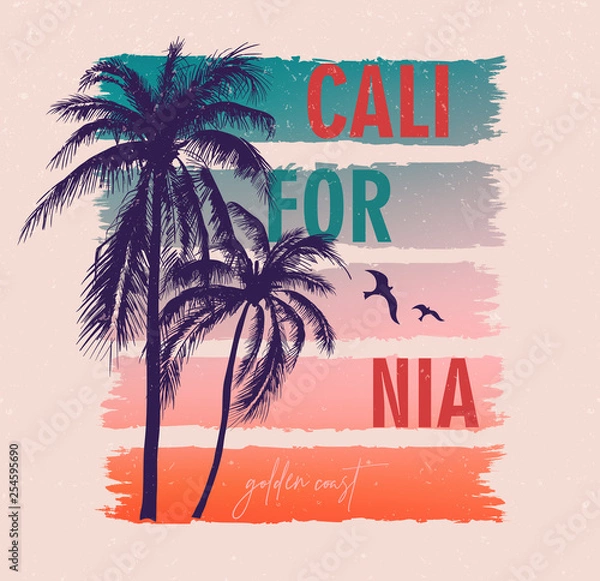 Obraz Kalifornia, złote wybrzeże. Kolorowy plakat z palmami. T-shirt z nadrukiem z napisem, letni projekt dla młodzieży, nastolatków.