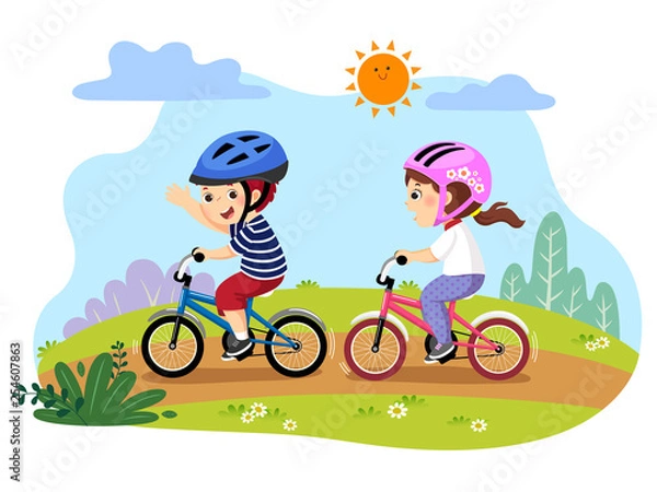 Obraz Vector illustration of happy kids riding bicycles in the park.