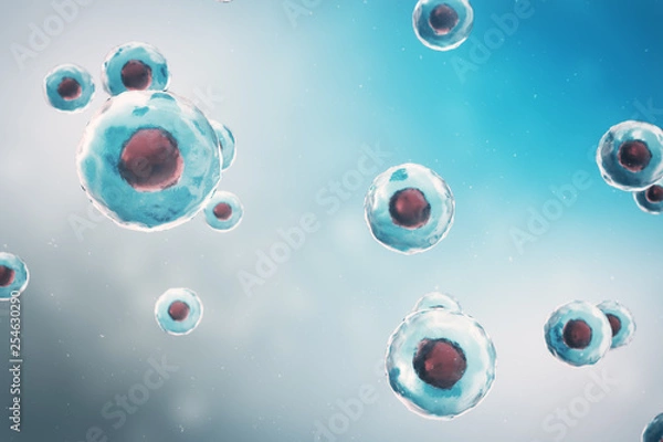 Fototapeta Cell of a living organism, scientific concept. Illustration on a blue background. The structure of the cell at the molecular level, under a microscope. encrypted DNA in the cell. 3D illustration
