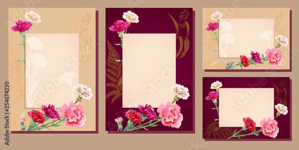 Fototapeta Set horizontal, vertical templates, Mother's Day cards with carnation: red, pink, white flowers, fern, eucalyptus. Burgundy, beige backgrounds, frame for design, vintage botanical illustration, vector