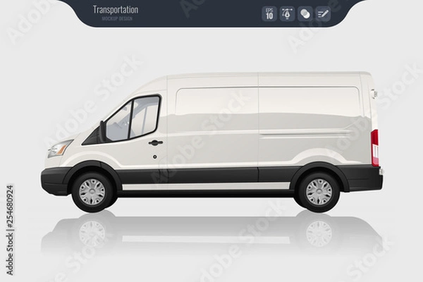 Fototapeta Detailed Cargo Van vector template. Realistic White Cargo Van isolated on grey background. Vector