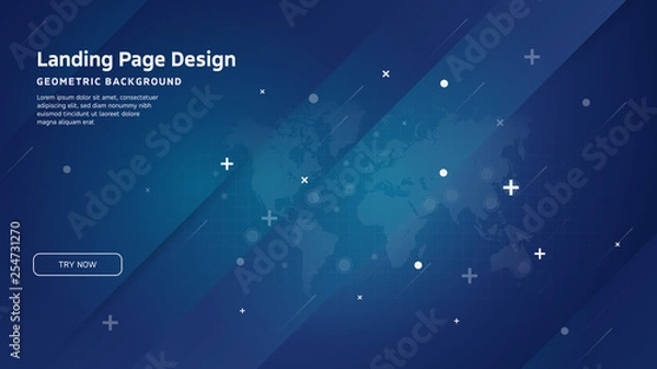 Fototapeta Minimal geometric background. Landing page design template. Artificial intelligence project - World map composition. EPS10 vector