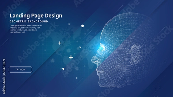 Fototapeta Minimal geometric background. Landing page design template. Artificial intelligence project - 3D Robot mesh head and world map composition. EPS10 vector