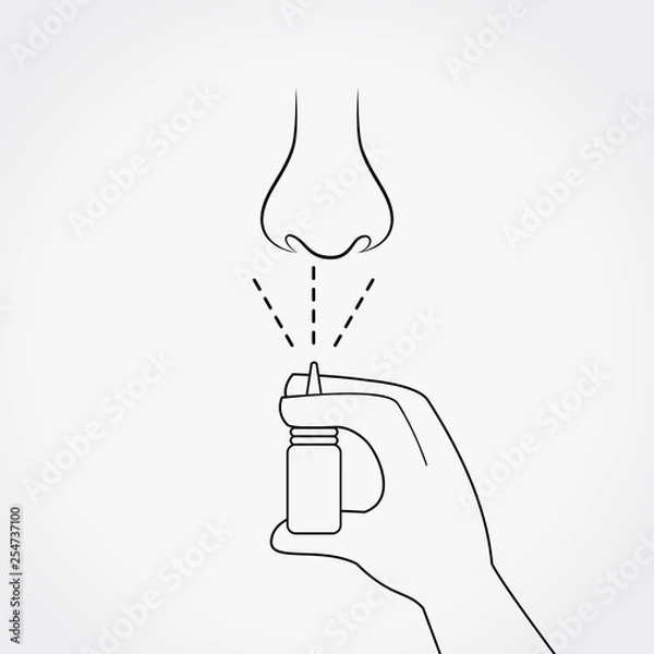 Fototapeta Man or woman using nasal spray simple flat vector illustration on grey background.