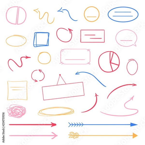 Fototapeta Infographic tables on isolated background. Hand drawn colored pointers on white. Abstract arrows. Colorful illustration. Sketchy doodles