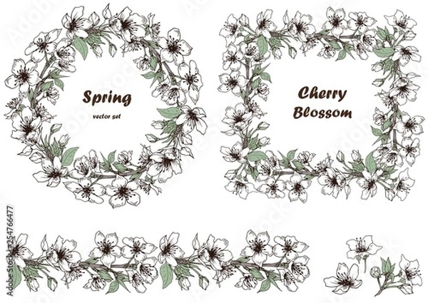 Fototapeta Set of spring cherry blossom wreaths. Hand drawn vector. Isolated elements for design.