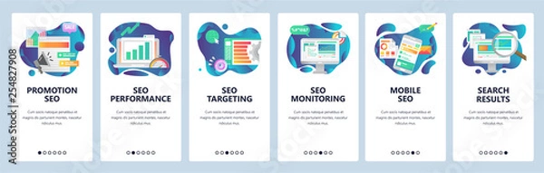 Fototapeta Mobile app onboarding screens. SEO optimization and digital internet marketing. Menu vector banner template for website and mobile development. Web site design flat illustration.