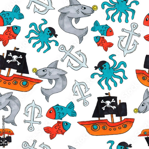 Obraz pirate seamless pattern. colorful objects repeating background for web and print purpose. marker art