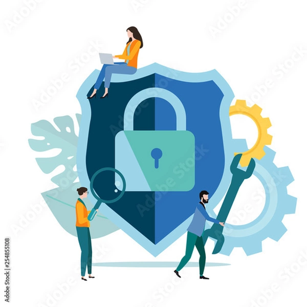 Obraz Online technologies, IT and internet security, data protection. Template with people and closed lock icon.
