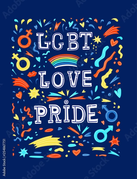 Obraz Conceptual colorful poster. Lgbt slogan with text love, lgbt, pride in flat style.  Vector typographic illustration for gay community support with handwritten word on dark background. Banner. Print.  