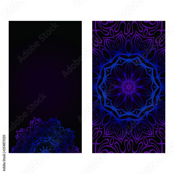 Fototapeta Invitation Or Card Template With Floral Mandala Pattern. The Front And Rear Side. Vector Illustration. Blue color on black background