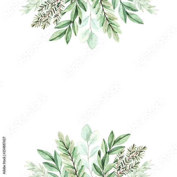 Fototapeta Spring watercolor illustration. Botanical frame with eucalyptus, fir branches and leaves. Greenery. Floral Design elements. Perfect for wedding invitations, cards, prints, posters, packing