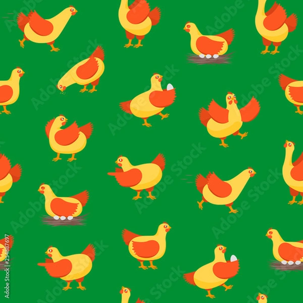 Fototapeta Cartoon Characters Happy Hens Seamless Pattern Background. Vector