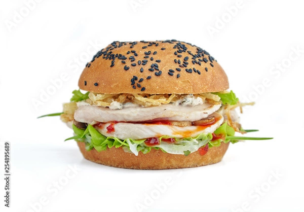 Obraz Thai chicken burger with crispy onion and spicy sauce on white background