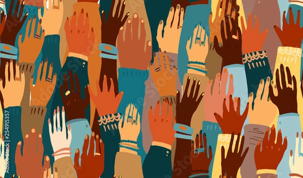 Fototapeta Illustration of a people's hands with different skin color together. Race equality, feminism, tolerance art in minimal style. Seamless tile pattern.