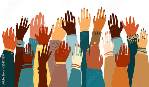 Fototapeta Illustration of a people's hands with different skin color together facing up. Race equality, feminism, tolerance art in minimal style.