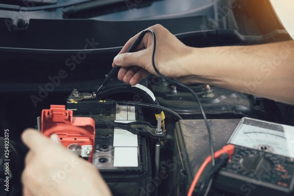 Obraz Close up car mechanic is using the car battery meter to measure various values and analyze it.