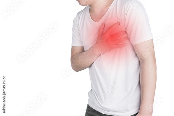 Fototapeta Asian men use hands to hold their hearts. Showing pain from heart disease,Heart attack symptom Healthcare and medical concept isolate on white background,clipping path